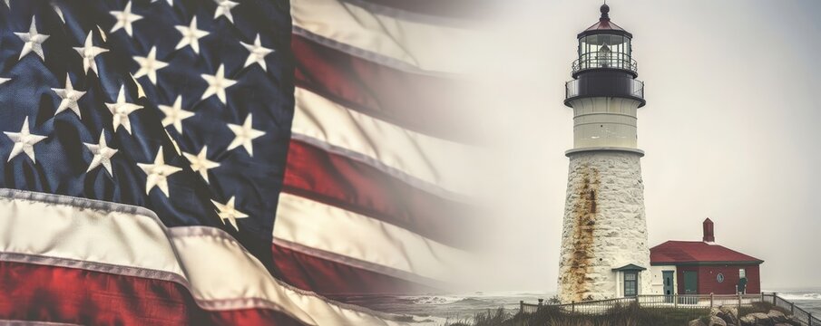 Close up of American Flag with lighthouse