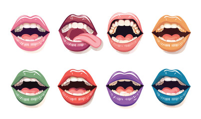 Collection cartoon lips gestures set isolated white background. Various womens lip poses, representing talking, smiling, showing teeth, mouth expressions, lipstick colors, emotions. Diverse colors