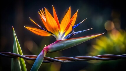 Obraz premium Bird of Paradise Flower with a Wire Fence Background.