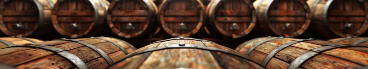 Vintage Wooden Whisky Barrels Stacked in a Warehouse, Evoking the Rich History and Tradition of Scottish Distilleries, Ideal for Aged Spirits and Craft Beverage Enthusiasts