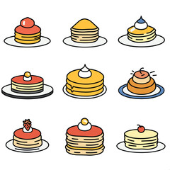 Nine different pancakes illustrations, colorful pancakes breakfast food vector graphics. Stack topped syrup, fruit, whipped cream, sweet dessert cartoon style, isolated white background. Delicious