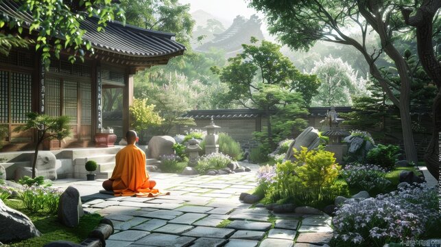 A peaceful scene of a Korean Buddhist monk meditating in a temple courtyard, surrounded by nature