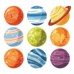 Bright colorful planets set against white background, depicting fantasy cartoon styled solar system bodies. Vivid orange, blue, green, purple hues dominate these celestial spheres, stylized stripes