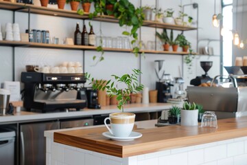 chic coffee shop boasts a stylish latte art display and an organic menu, all set within minimalist decor and modern elegance.
