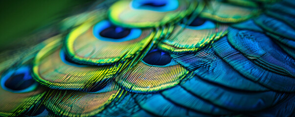 Obraz premium Close-up of the vibrant green and blue plumage patterns on peacock feathers, showcasing intricate feather textures and colors