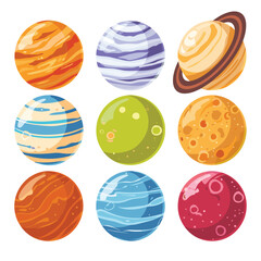 Set nine cartoon planets, colorful space bodies. Solar system planets, astronomy educational materials, childrens book illustrations. Cartoon fantasy space orbs isolated white background