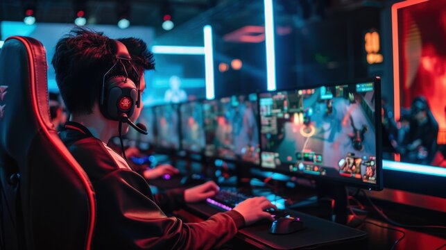 A professional esports tournament with teams competing on stage in front of a live audience