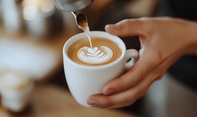 Barista filling a white cup with coffee, Generative AI