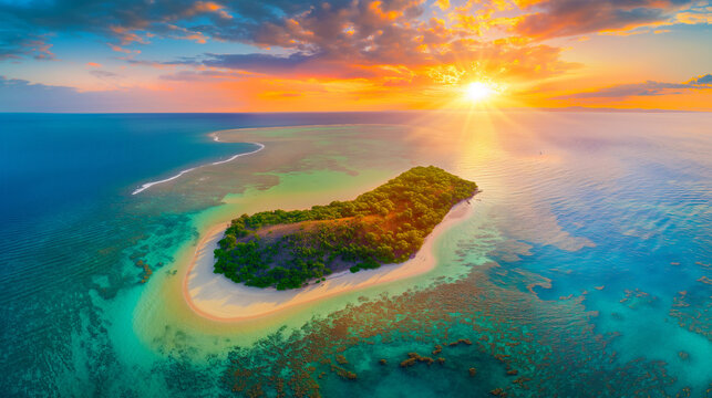 グレートバリアリーフの小島と夕焼けの空 - オーストラリアの自然美