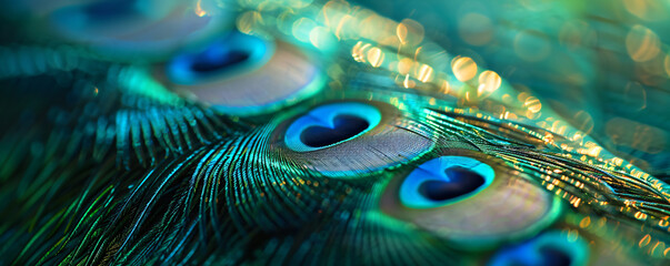 Close-up of the vibrant green and blue plumage patterns on peacock feathers, showcasing intricate feather textures and colors