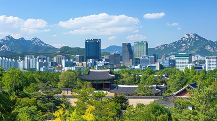 Naklejka premium A scenic view of Seoul's cityscape with modern skyscrapers, historic palaces, and mountains in the background