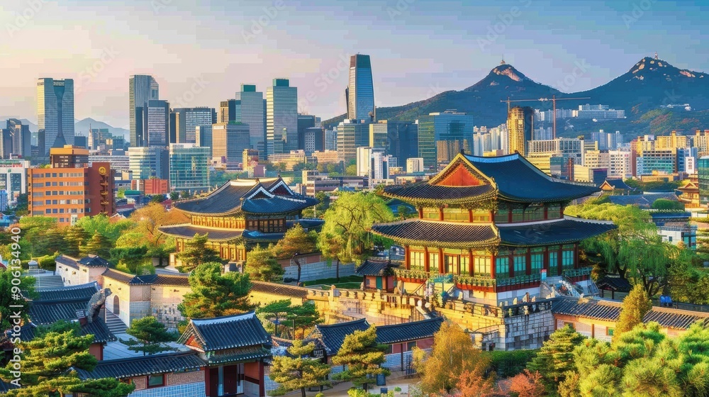 Canvas Prints a scenic view of seoul's cityscape with modern skyscrapers, historic palaces, and mountains in the b