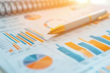 A flat lay of a business plan presentation with colorful infographics