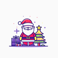 Cartoon Santa Claus with Christmas Tree and Gifts