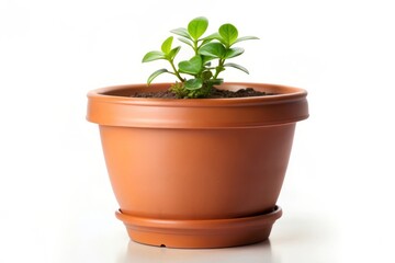 Small green plant in terracotta pot on white background.