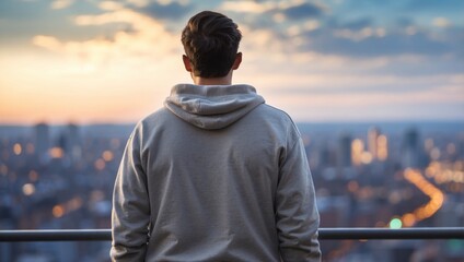 Fototapeta premium Back view of a man wearing sweatshirt standing on a high place with sky and city blurred background.