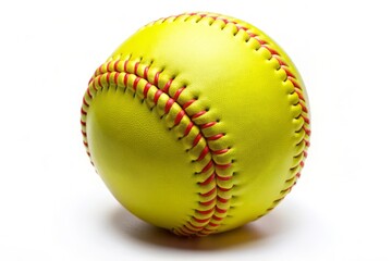 Yellow Softball with Red Stitching on White Background.