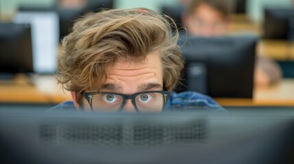 Sneaky student peeking at classmate's test with unaware teacher in background