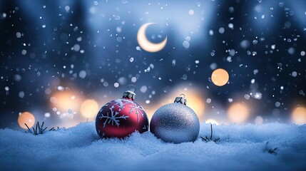 Fototapeta premium Peaceful Winter Scene with Christmas Ornaments - Perfect for Holiday Cards and Seasonal Decorations