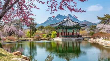 A serene Korean garden with blooming cherry blossoms, a tranquil pond, and a traditional pavilion