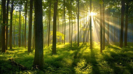 Obraz premium green pine forest with sunlight background,generative ai