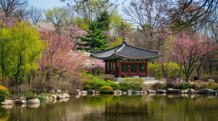 A serene Korean garden with blooming cherry blossoms, a tranquil pond, and a traditional pavilion