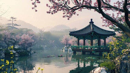Obraz premium A serene Korean garden with blooming cherry blossoms, a tranquil pond, and a traditional pavilion