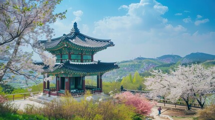 A serene view of a Korean pagoda on a hillside, surrounded by blooming flowers and tranquil scenery