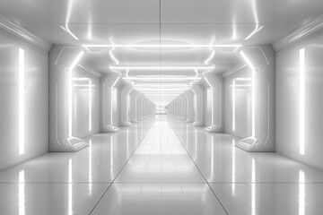 White hallway Neon light fluorescent glow hallway abstract.