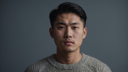 Fototapeta premium Handsome young Asian man in knitted sweater on grey background.