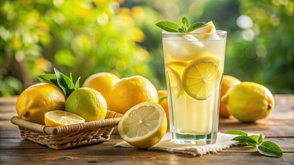 Lemonade glass with lemon fruits all around in nature. Healthy refreshing citrus summer drink or beverage, cold tropical juice liquid, homemade, vegetarian