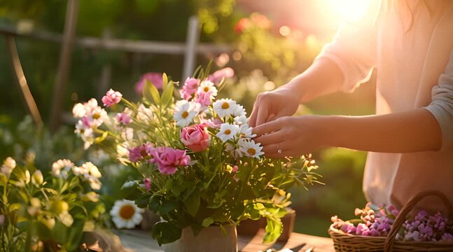 Woman Arranging Flowers in a Garden Setting