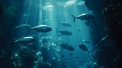 Fototapeta premium fish swim divine groups of underwater background,generative ai
