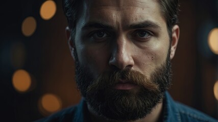 Fototapeta premium Face of a brutal bearded man A handsome, well-groomed young man with a beard and mustache A serious look.