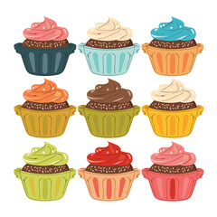 Assorted colorful cupcakes delicious sweet desserts isolated white background. Frosted cupcakes different flavors artwork design. Cartoon collection tasty bakery graphic