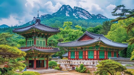A serene view of a Korean temple with intricate architecture, surrounded by lush greenery and peaceful scenery