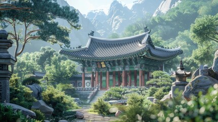 Fototapeta premium A serene view of a Korean temple with intricate architecture, surrounded by lush greenery and peaceful scenery