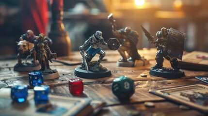 A strategic tabletop game set-up with dice, cards, and miniatures, ready for a session of epic battles