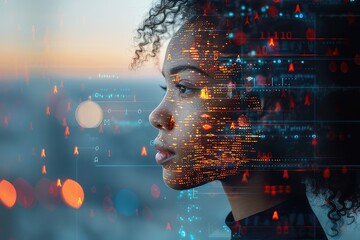 A young woman with in front of a big monitor in the middle of a modern server room. Collection and storage of large amounts of data. Checks the operation of servers and automation.