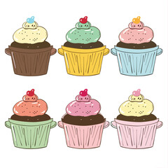 Set colorful cupcakes cartoon graphics dessert bakery theme. Six cute cupcakes cream topping heart decorations pastel colors. Illustration various brown yellow blue green pink cases fluffy frosting