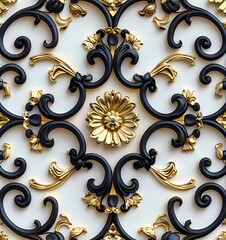 3D render of a simple arabesque ornament in black and gold colors on a white background 