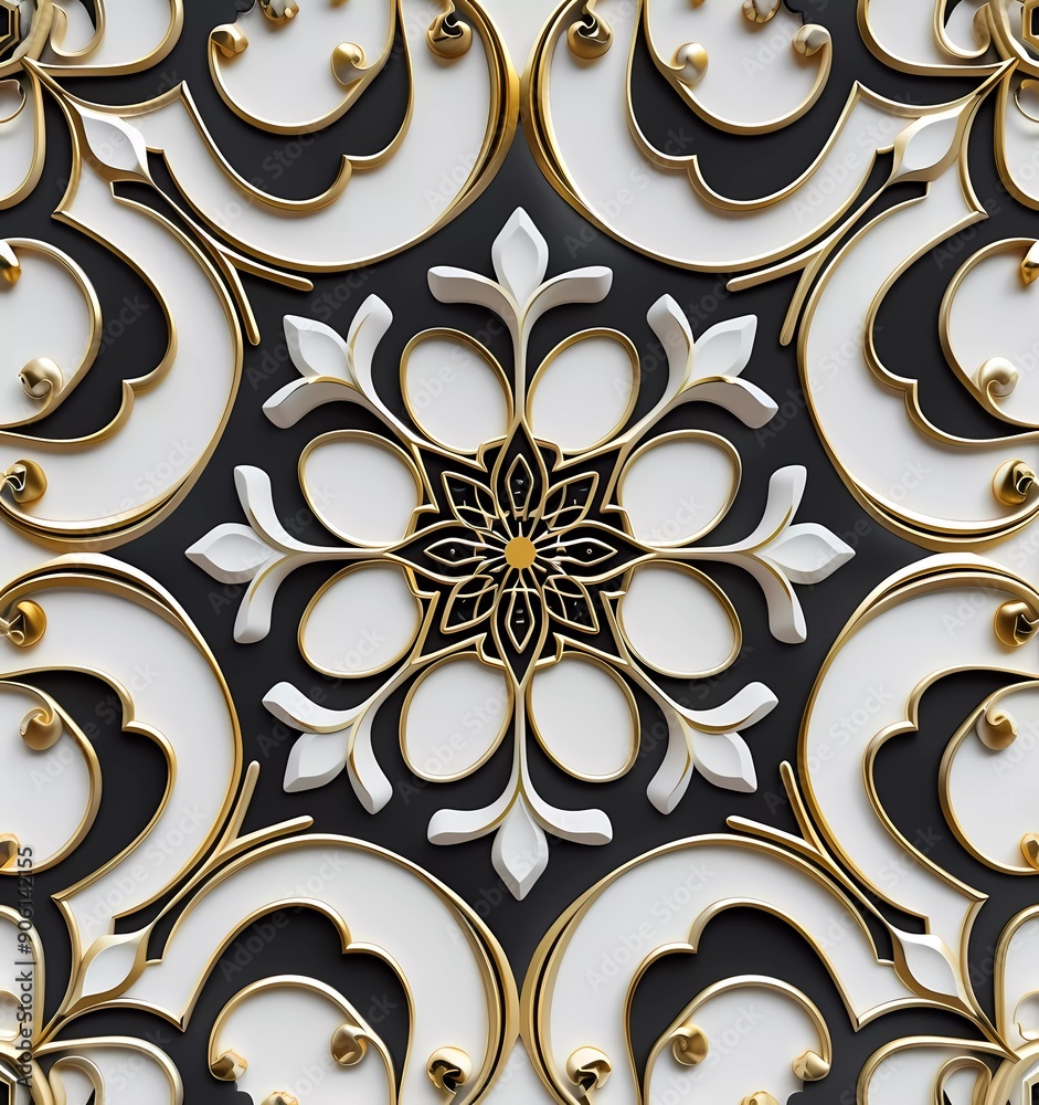 Sticker 3d render of a simple arabesque ornament in black and gold colors on a white background