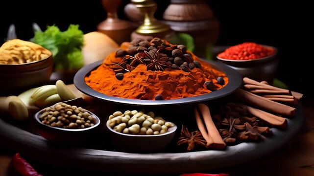 Colorful spices and herbs spread on a dark table