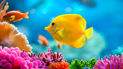 Goldfish swimming with tropical coral reef
