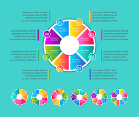 Infographic Circle Design with Place for Your Data. Cycle Diagram with 2 - 8 Steps and Options. Round Chart for Graph, Workflow, Layout for Web, Report, Presentation. Data Visualization Templates Set.