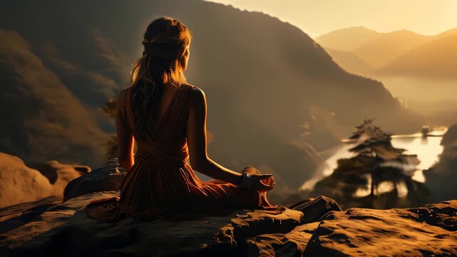 Meditation at sunset over majestic mountain valley