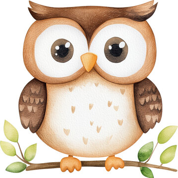 Adorable Owl Perched on a Branch With Big Eyes and Vibrant Leaves