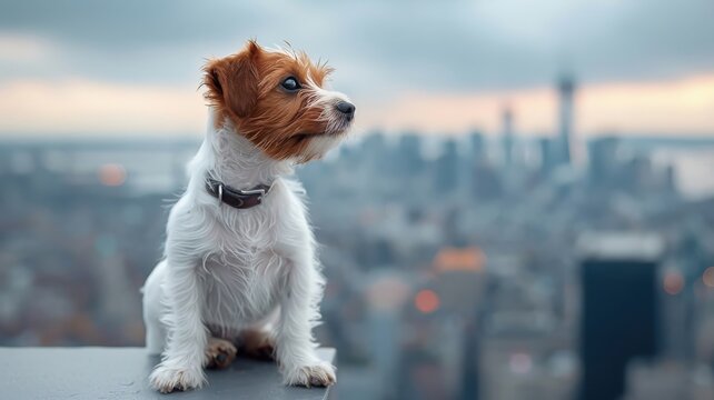 Dramatic image of a Jack Russel puppy in a suit atop a skyscraper.