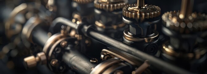 Close-up of intricate metal gears and pipes, showcasing a steampunk aesthetic.