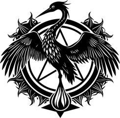 Obraz premium A black bird with a long neck is perched on a circle with a pentagram